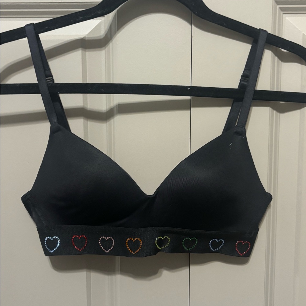 PINK Victoria's Secret Black Bra with Colorful Heart Accents